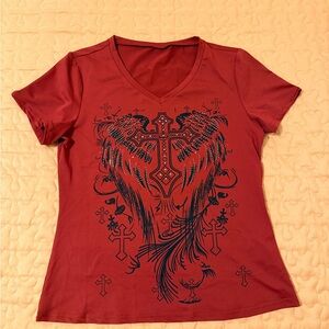 Women's Red Graphic V-Neck Top